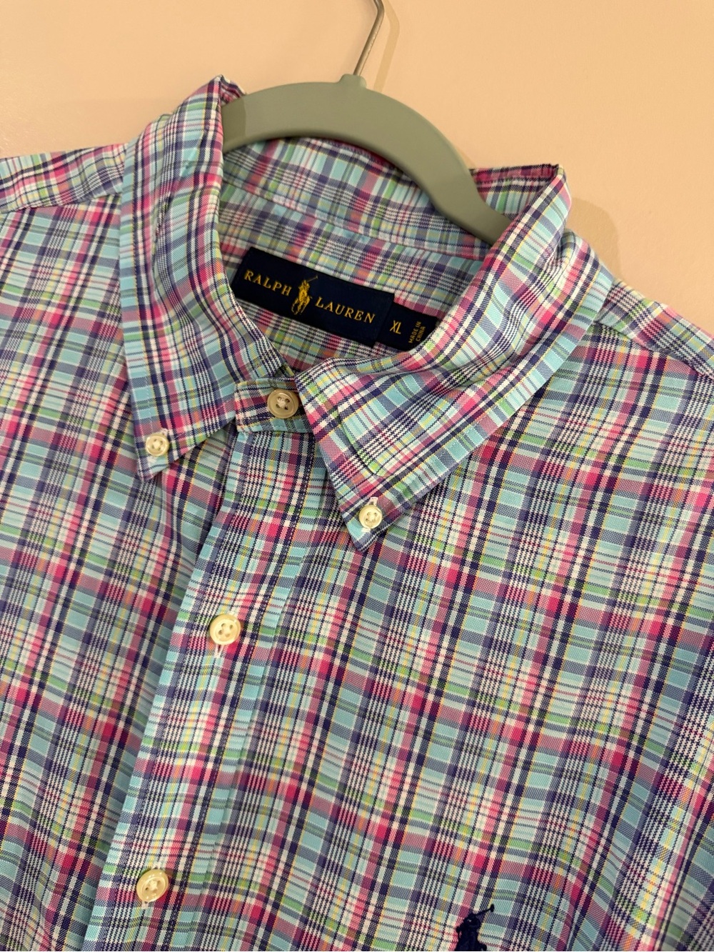 Ralph Lauren Men’s Blue, Pink and Green Plaid Button-Down Shirt 100% cotton XL